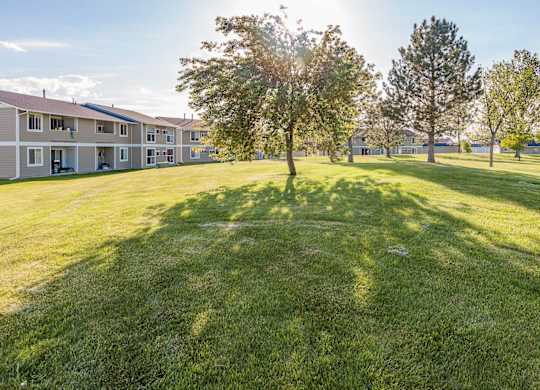Community lawn with trees and blue skies at Shiloh Glen Apartments in Billings, MT