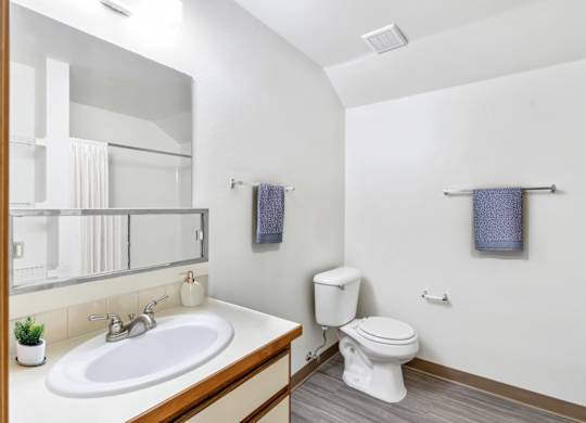 A bathroom with a white toilet and a white sink at Shiloh Glen Apartments in Billings, MT.
