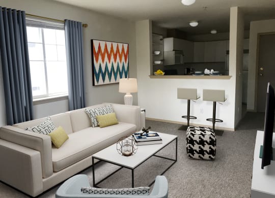 a living room with a white couch and a coffee table, large window and bar looking into a kitchen area at Sky Vue, Bellingham, WA