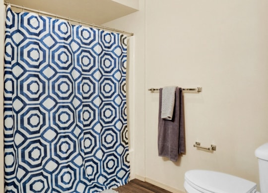 a bathroom with a white toilet and a blue and white shower curtain at Sky Vue, Bellingham