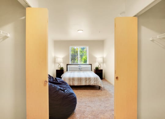 a bedroom with a bed and a window at Sky Vue, Bellingham, WA 98229