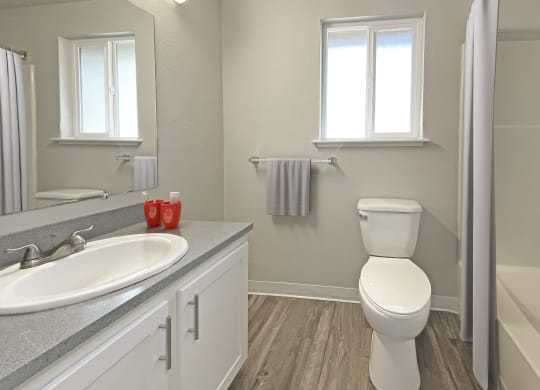 Full bathroom, vanity sink, large mirror, towel rack, toilet with window above, shower, and gray shower curtain.at Quilceda Gardens, Marysville, WA
