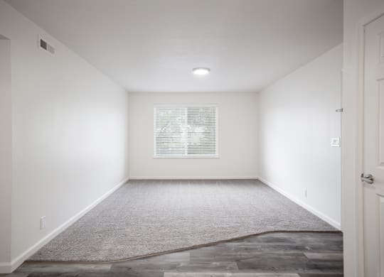 a room with white walls and a white carpet and a window
