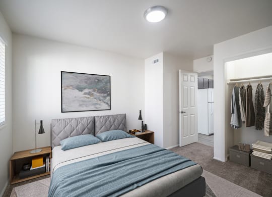 a bedroom with a bed and a closet at Summit, Pocatello, ID 83201