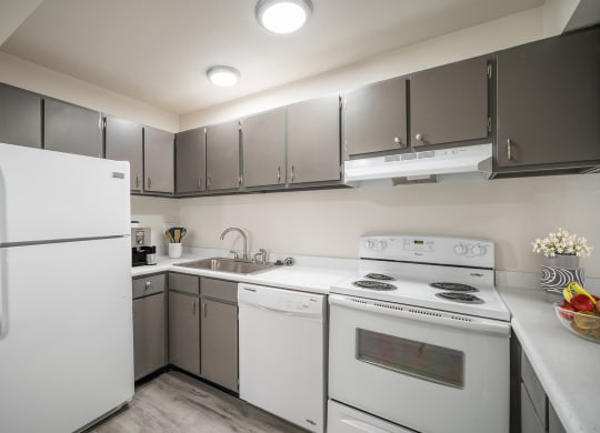 a kitchen with white appliances and gray cabinets at Summit, Pocatello, 83201