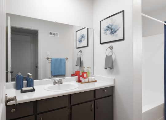 a bathroom with a sink and a mirror and a blue shower curtain
