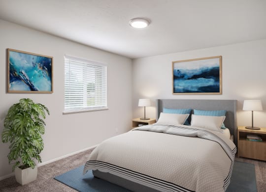 our apartments offer a bedroom with a bed and a potted plant
