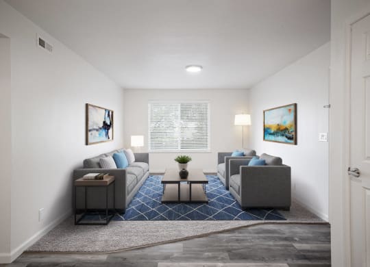 a living room with white walls and a blue rug