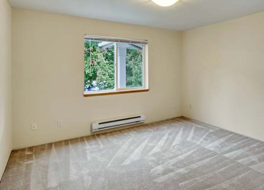 A room with a window and a radiator on the floor.