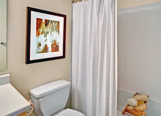 A white toilet sits next to a white shower curtain in a bathroom.