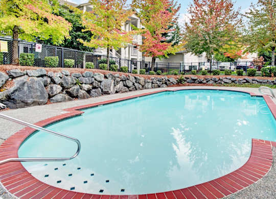 A small pool with a red border and a metal fence in the background.