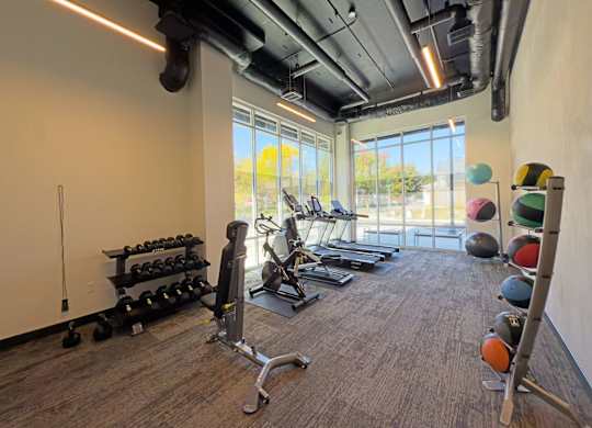 A gym with a variety of equipment including dumbbells, weight plates, and a treadmill at The Duo Apartments in University Place, WA..