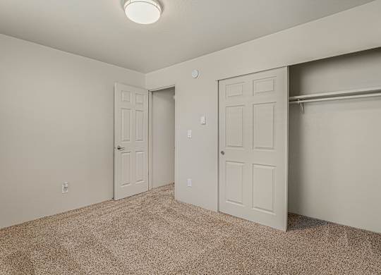 A room with two doors and a carpeted floor.