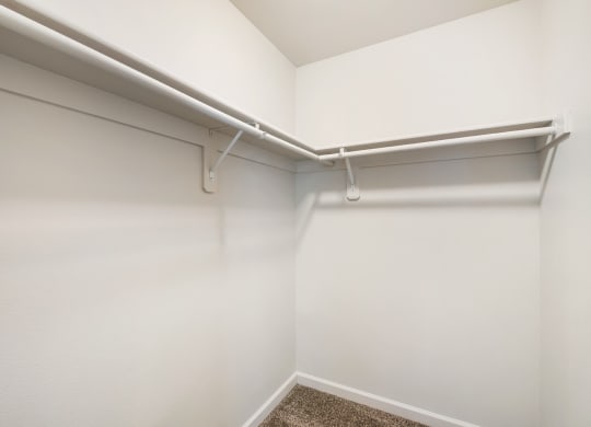 L-shaped walk in closet with white walls, taupe carpet and shelf storage. at Pine Tree Park, Kennewick