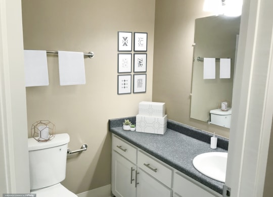 a bathroom with a toilet and a sink and a mirror at Woodland Crossing , Woodland, CA 95695
