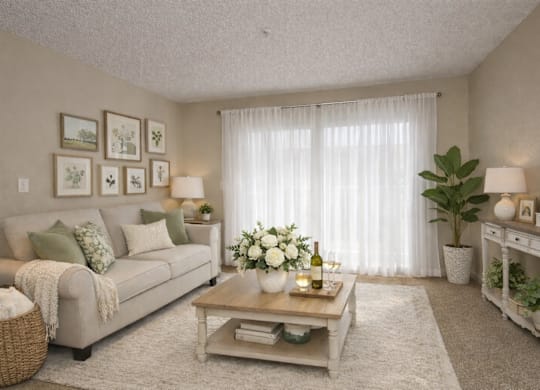 Room with beige sofa and white curtains at Roseville Commons Senior Living Apartments, Roseville, CA