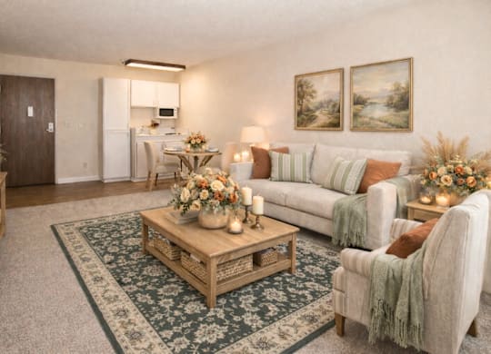 Furnished room with kitchenette area at Hilltop Commons Senior Living Apartments, Grass Valley