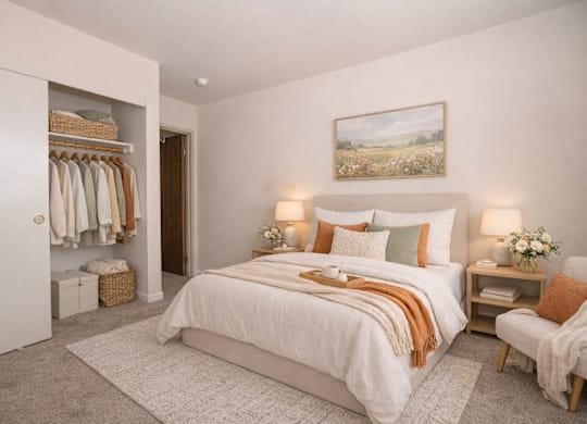 Bedroom with walk-in closet and upholstered bed at Hilltop Commons Senior Living Apartments, Grass Valley, CA 95945