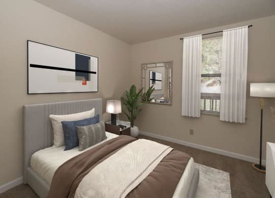 an example of a bedroom with a bed and a window at Hilltop Commons Senior Living, California