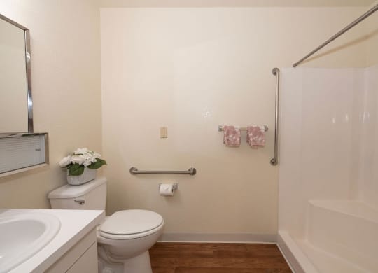 a bathroom with a toilet and a shower and a sink at Hilltop Commons Senior Living, Grass Valley, CA 95945