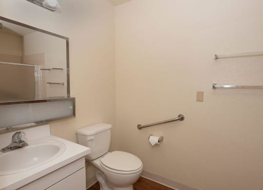 a bathroom with a toilet and a sink and a mirror at Hilltop Commons Senior Living, Grass Valley