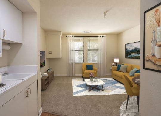 a living room and kitchen with a couch and a table at Hilltop Commons Senior Living, Grass Valley, 95945