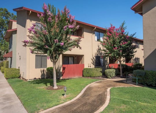 a building with two trees and a sidewalk in front of it at Lodi Commons Senior Living, Lodi