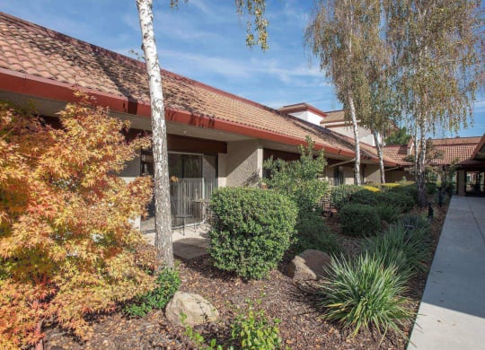 a view of the front of a building with trees and a sidewalk at Roseville Commons Senior Living, Roseville, CA 