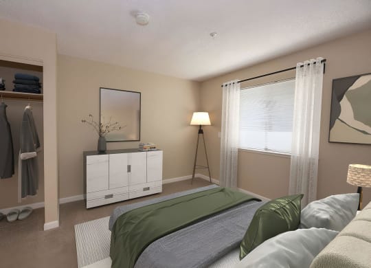 a bedroom with a bed and a dresser and a window at Roseville Commons Senior Living, Roseville