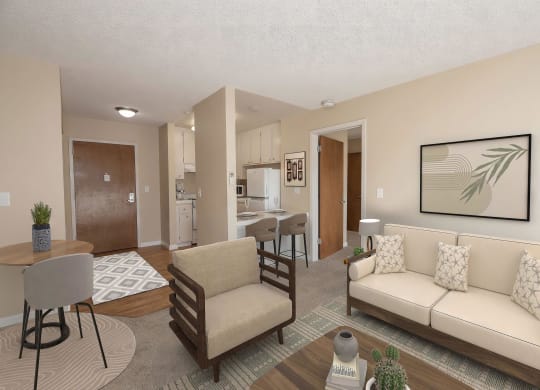 a living room and dining room with a couch and a table at Roseville Commons Senior Living, Roseville, 95678