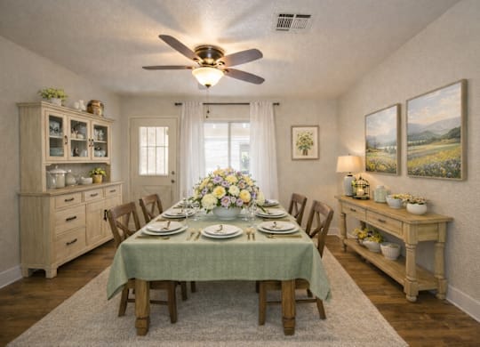 Formal dining room with farmhouse table and sage tablecloth at Castle Vista Senior Duplex Community Apartments, Atwater, California