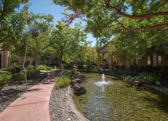 a fountain in the middle of a pond in front of a building at Winding Commons Senior Living, Carmichael, 95608