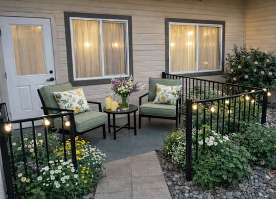Small patio at River Commons Senior Living, Redding, 96002