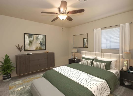 a bedroom with a bed and a ceiling fan at Castle Vista Senior Duplex Community, Atwater, 95301