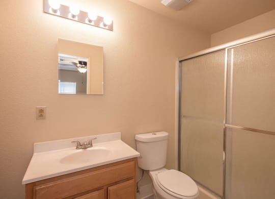 the bathroom has a large shower and a sink and a toilet at Castle Vista Senior Duplex Community, Atwater, CA, 95301