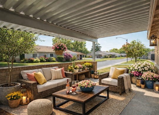 Covered patio with wicker seating and flowers at Castle Vista Senior Duplex Community Apartments, California, 95301