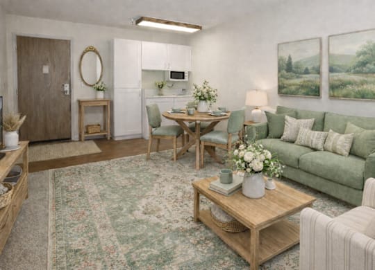 Area with sage sofa and dining nook at Hilltop Commons Senior Living Apartments, Grass Valley, 95945
