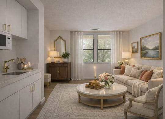 Furnished room with open kitchen layout at Hilltop Commons Senior Living Apartments, Grass Valley, California