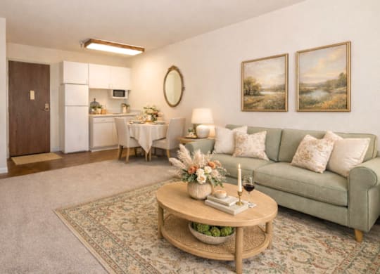 Open layout apartment with kitchenette and area at Hilltop Commons Senior Living Apartments, Grass Valley