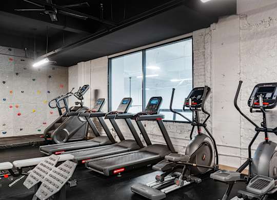 a group of treadmills and other exercise equipment in a gym at Textile Apartments, Ohio