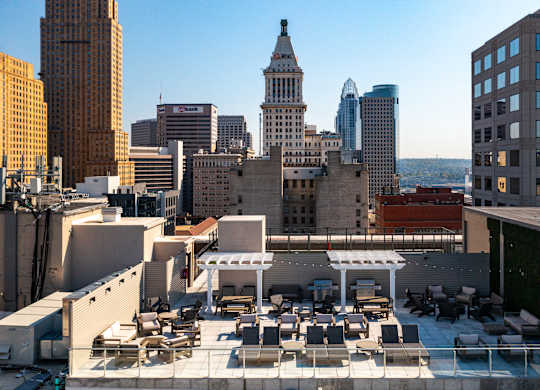 a rooftop terrace with a view of the city at Textile Apartments, Cincinnati, OH
