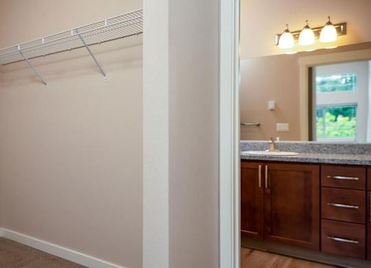 a bathroom with a shower and a sink and a mirror