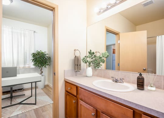 a bathroom with a sink and a mirror and a laptop on a table