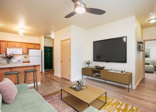 the view of a living room and a kitchen with a tv