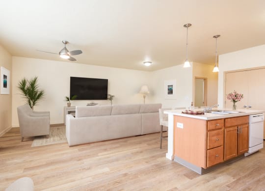 a living room with a couch and a kitchen