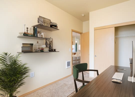 an office with a desk with a computer and a plant