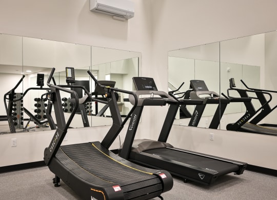 a row of treadmills and other exercise equipment in a gym