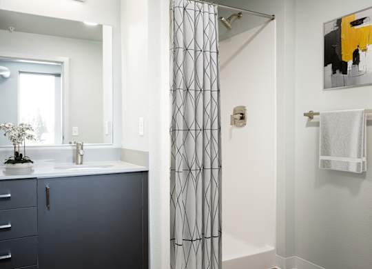 A bathroom with a white sink and a grey cabinet.