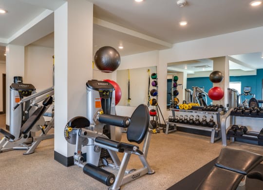 a gym with weights and other exercise equipment and a bowling ball