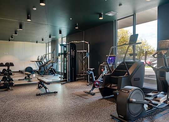 A gym with a variety of equipment including treadmills, weights, and exercise machines.